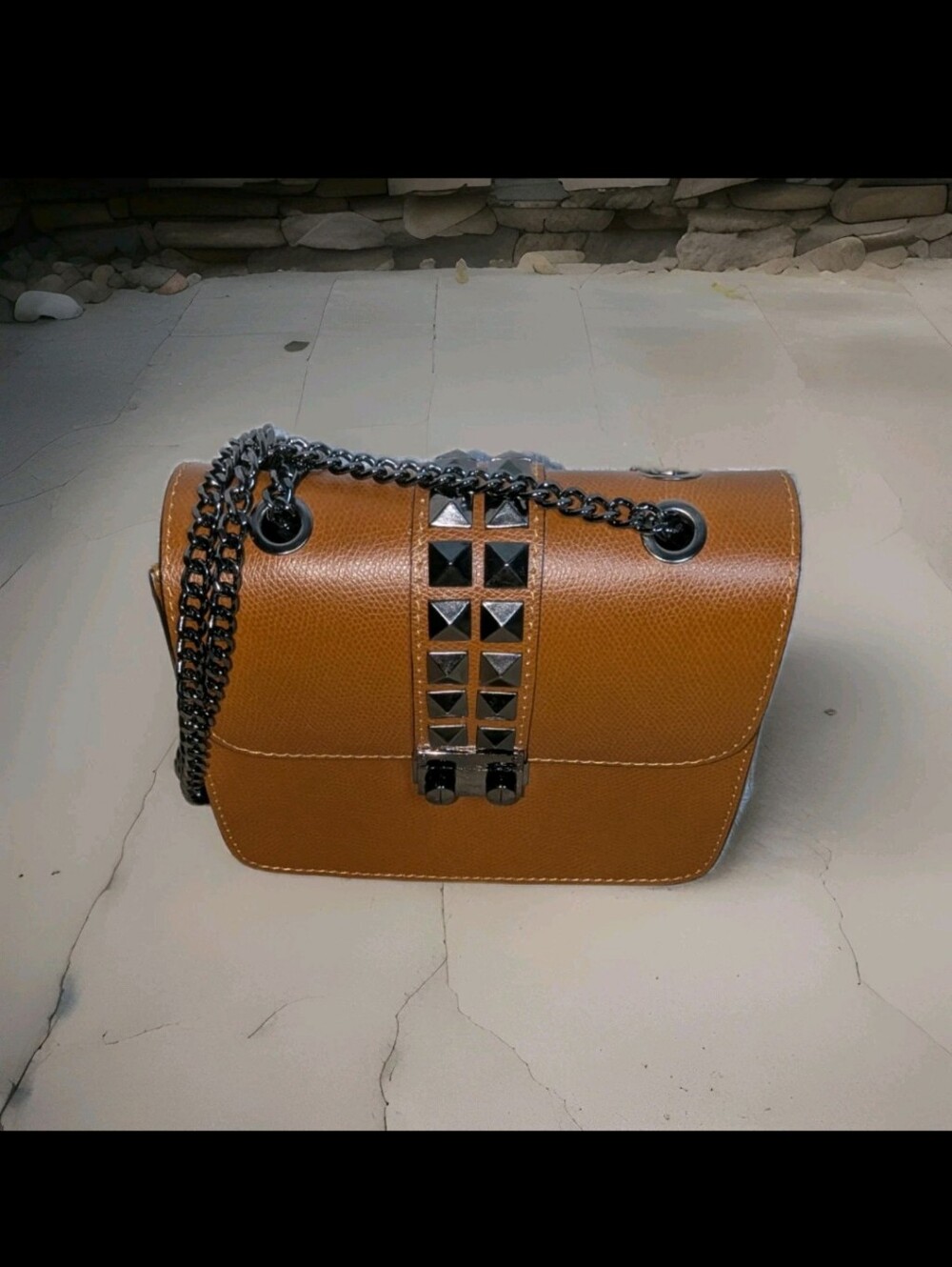 Genuine Leather Made In Italy Stud-Accent Tan Crossbody Bag with Gunmetal Chain